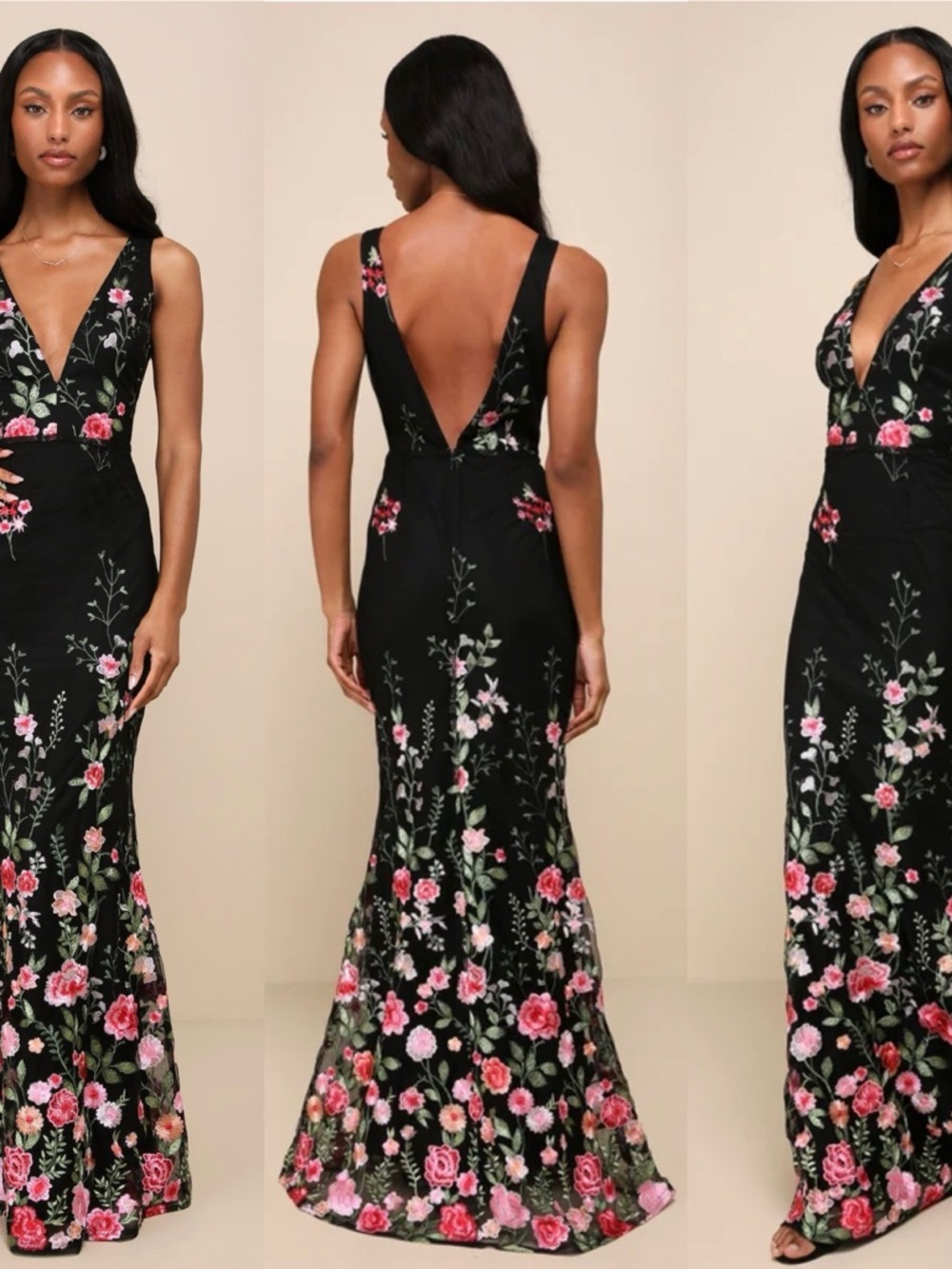 NWT Lulus Soiree Blossom Black Floral Embroidered Mermaid Maxi Dress M